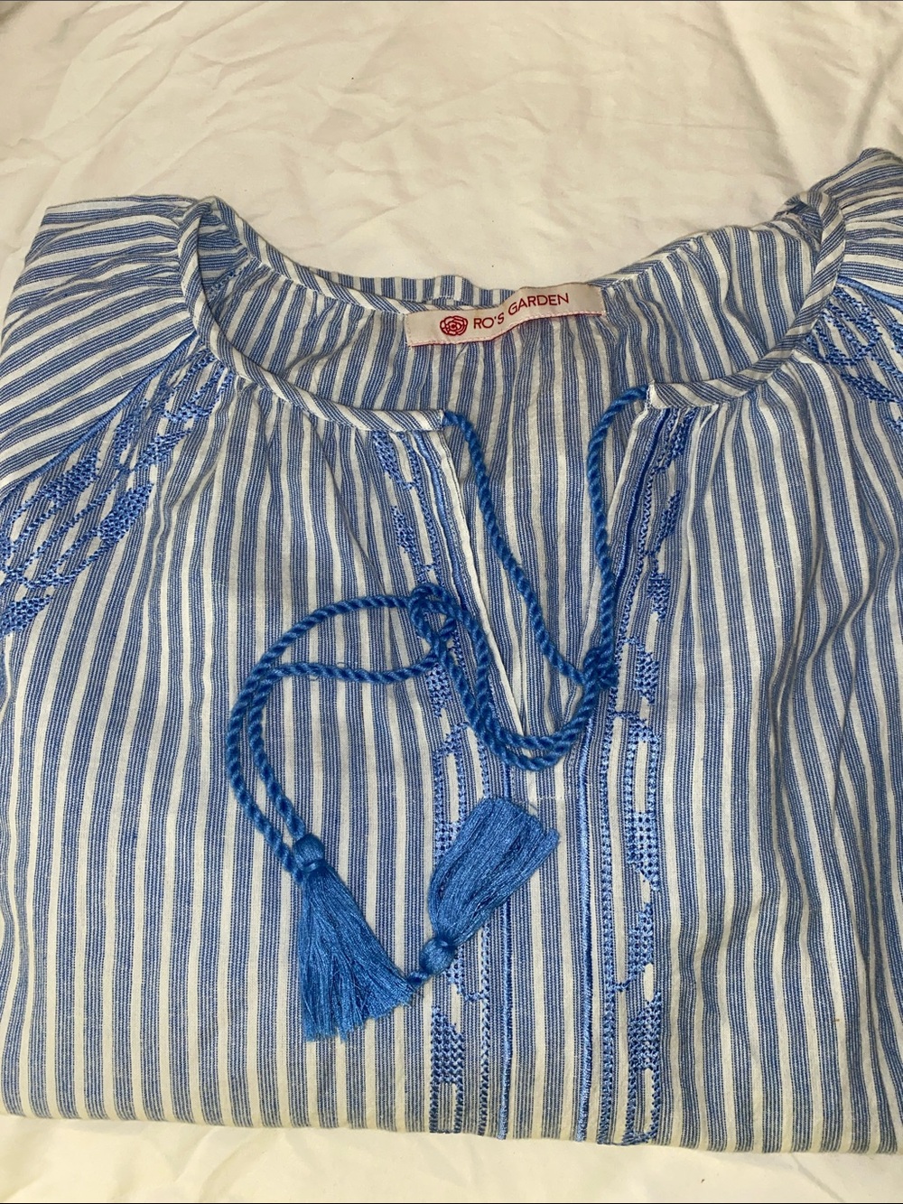 Ro's Garden Blue Striped Embroidered Peasant Blouse 100%Cotton